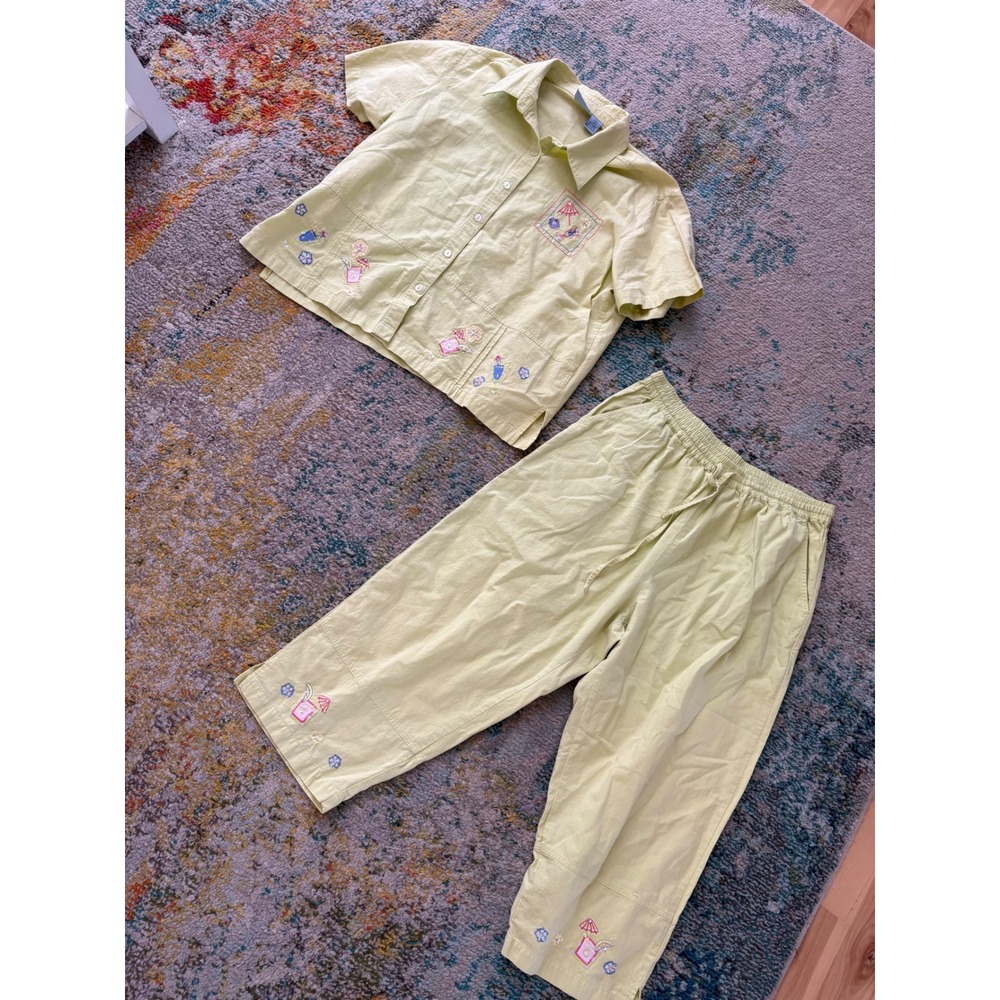 Jane Ashley Woman Yellow Cotton 2pc Set Embroidered Tropical Shirt Pants 1X